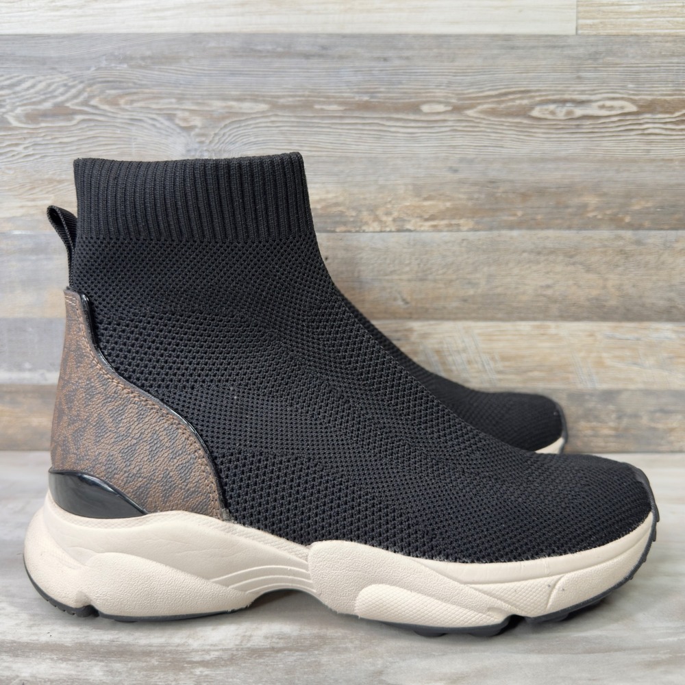 Michael Kors Katrina Women Size 8M Sock Sneaker Monogram Heel Bootie Black Brown